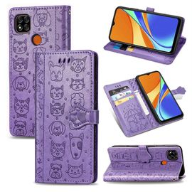 Saturcase Coque Pour Xiaomi Redmi 9c, Chien Et Chat Mignon Pu Cuir Magnétique Flip Portefeuille Support Porte-Carte Protecteur Housse Étui Avec Dragonne Pour Xiaomi Redmi 9c (Violet)