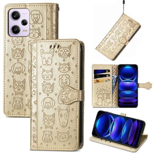 Saturcase Coque Pour Xiaomi Redmi Note 12 Pro 5g, Chien Et Chat Mignon Pu Cuir Magnétique Flip Portefeuille Support Porte-Carte Protecteur Housse Étui Avec Dragonne Pour Xiaomi Redmi Note 12 Pro 5g (Or)