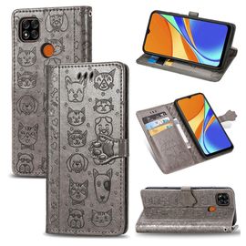Saturcase Coque Pour Xiaomi Redmi 9c, Chien Et Chat Mignon Pu Cuir Magnétique Flip Portefeuille Support Porte-Carte Protecteur Housse Étui Avec Dragonne Pour Xiaomi Redmi 9c (Gris)