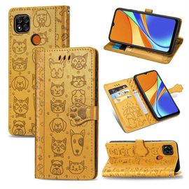 Saturcase Coque Pour Xiaomi Redmi 9c, Chien Et Chat Mignon Pu Cuir Magnétique Flip Portefeuille Support Porte-Carte Protecteur Housse Étui Avec Dragonne Pour Xiaomi Redmi 9c (Jaune)