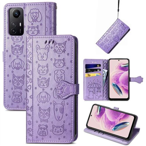 Saturcase Coque Pour Xiaomi Redmi Note 12s, Chien Et Chat Mignon Pu Cuir Magnétique Flip Portefeuille Support Porte-Carte Protecteur Housse Étui Avec Dragonne Pour Xiaomi Redmi Note 12s (Violet)