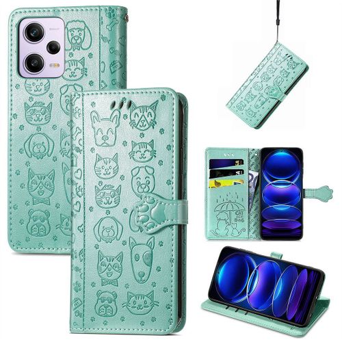 Saturcase Coque Pour Xiaomi Redmi Note 12 Pro 5g, Chien Et Chat Mignon Pu Cuir Magnétique Flip Portefeuille Support Porte-Carte Protecteur Housse Étui Avec Dragonne Pour Xiaomi Redmi Note 12 Pro 5g (Vert)