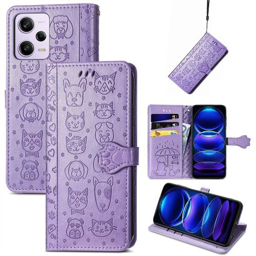 Saturcase Coque Pour Xiaomi Redmi Note 12 Pro 5g, Chien Et Chat Mignon Pu Cuir Magnétique Flip Portefeuille Support Porte-Carte Protecteur Housse Étui Avec Dragonne Pour Xiaomi Redmi Note 12 Pro 5g (Violet)