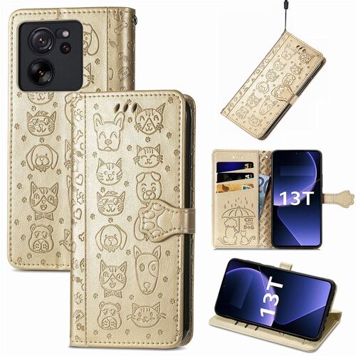 Saturcase Coque Pour Xiaomi 13t / 13t Pro, Chien Et Chat Mignon Pu Cuir Magnétique Flip Portefeuille Support Porte-Carte Protecteur Housse Étui Avec Dragonne Pour Xiaomi 13t / 13t Pro (Or)