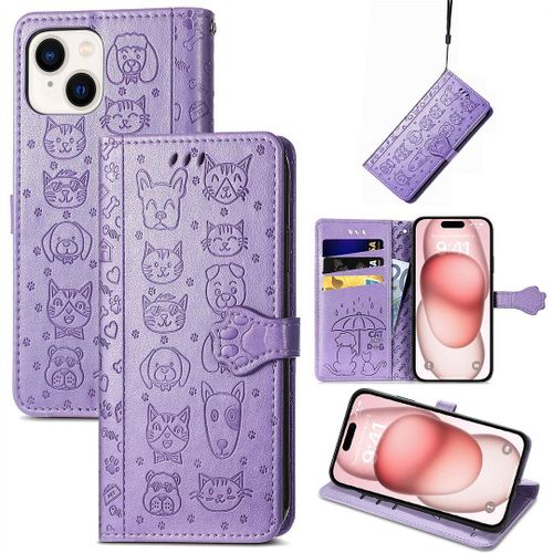 Saturcase Coque Pour Apple Iphone 15, Chien Et Chat Mignon Pu Cuir Magnétique Flip Portefeuille Support Porte-Carte Protecteur Housse Étui Avec Dragonne Pour Apple Iphone 15 (Violet)