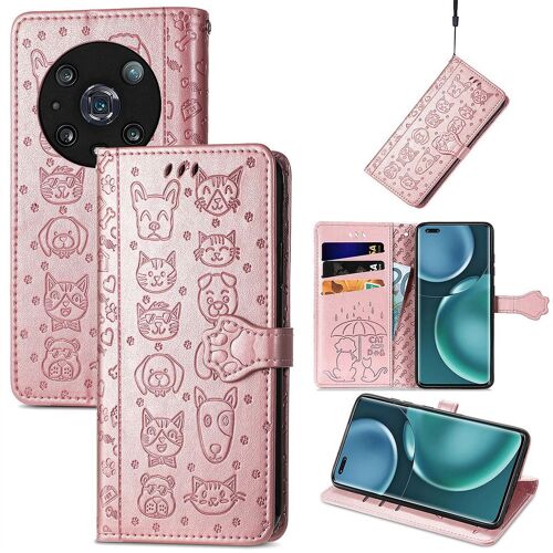 Saturcase Coque Pour Honor Magic 4 Pro, Chien Et Chat Mignon Pu Cuir Magnétique Flip Portefeuille Support Porte-Carte Protecteur Housse Étui Avec Dragonne Pour Honor Magic 4 Pro (Or Rose)