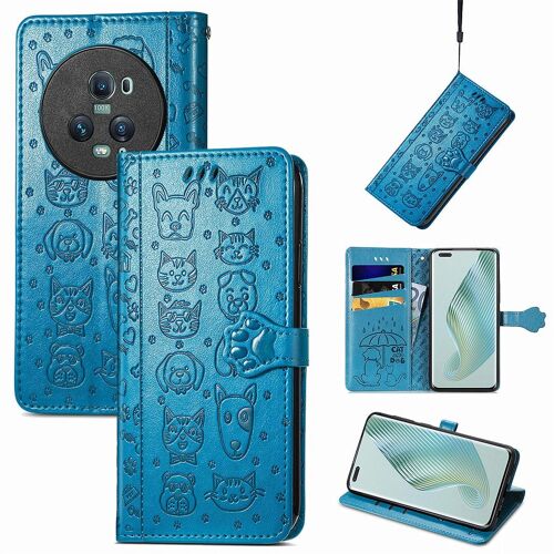 Saturcase Coque Pour Honor Magic 5 Pro, Chien Et Chat Mignon Pu Cuir Magnétique Flip Portefeuille Support Porte-Carte Protecteur Housse Étui Avec Dragonne Pour Honor Magic 5 Pro (Bleu)