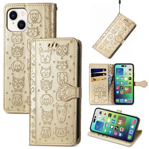 Saturcase Coque Pour Apple Iphone 14, Chien Et Chat Mignon Pu Cuir Magnétique Flip Portefeuille Support Porte-Carte Protecteur Housse Étui Avec Dragonne Pour Apple Iphone 14 (Or)