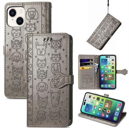 Saturcase Coque Pour Apple Iphone 14, Chien Et Chat Mignon Pu Cuir Magnétique Flip Portefeuille Support Porte-Carte Protecteur Housse Étui Avec Dragonne Pour Apple Iphone 14 (Gris)