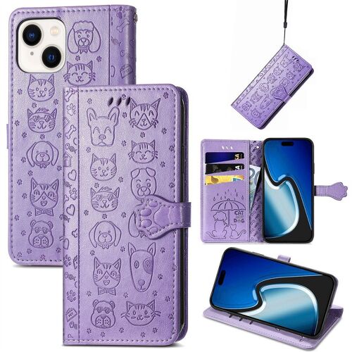 Saturcase Coque Pour Apple Iphone 15 Plus, Chien Et Chat Mignon Pu Cuir Magnétique Flip Portefeuille Support Porte-Carte Protecteur Housse Étui Avec Dragonne Pour Apple Iphone 15 Plus (Violet)