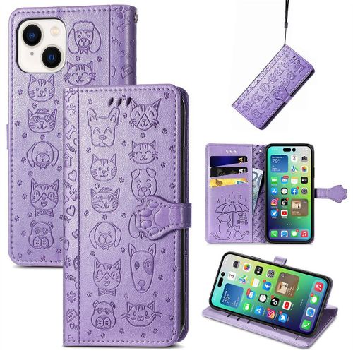 Saturcase Coque Pour Apple Iphone 14, Chien Et Chat Mignon Pu Cuir Magnétique Flip Portefeuille Support Porte-Carte Protecteur Housse Étui Avec Dragonne Pour Apple Iphone 14 (Violet)