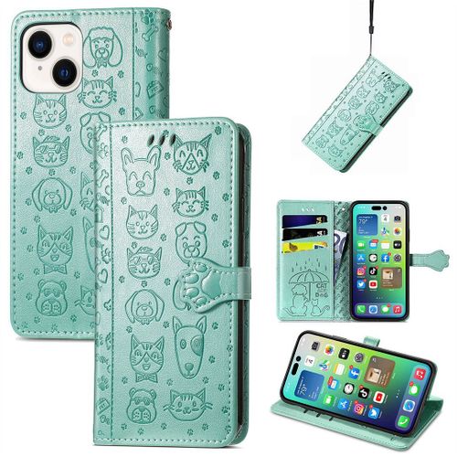 Saturcase Coque Pour Apple Iphone 14, Chien Et Chat Mignon Pu Cuir Magnétique Flip Portefeuille Support Porte-Carte Protecteur Housse Étui Avec Dragonne Pour Apple Iphone 14 (Vert)