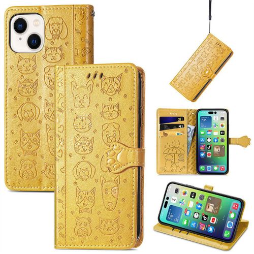 Saturcase Coque Pour Apple Iphone 14, Chien Et Chat Mignon Pu Cuir Magnétique Flip Portefeuille Support Porte-Carte Protecteur Housse Étui Avec Dragonne Pour Apple Iphone 14 (Jaune)