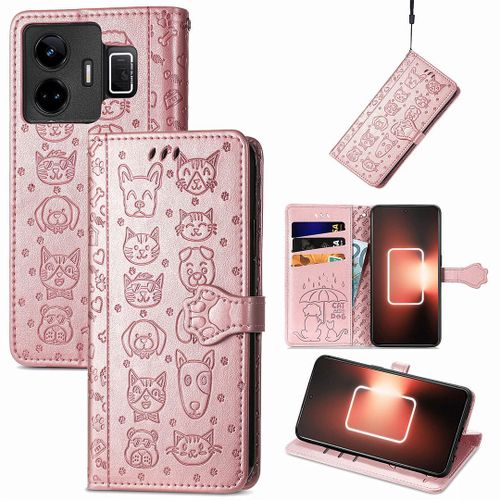 Saturcase Coque Pour Realme Gt Neo 5, Chien Et Chat Mignon Pu Cuir Magnétique Flip Portefeuille Support Porte-Carte Protecteur Housse Étui Avec Dragonne Pour Realme Gt Neo 5 (Or Rose)