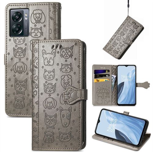 Saturcase Coque Pour Oneplus Nord N300, Chien Et Chat Mignon Pu Cuir Magnétique Flip Portefeuille Support Porte-Carte Protecteur Housse Étui Avec Dragonne Pour Oneplus Nord N300 (Gris)