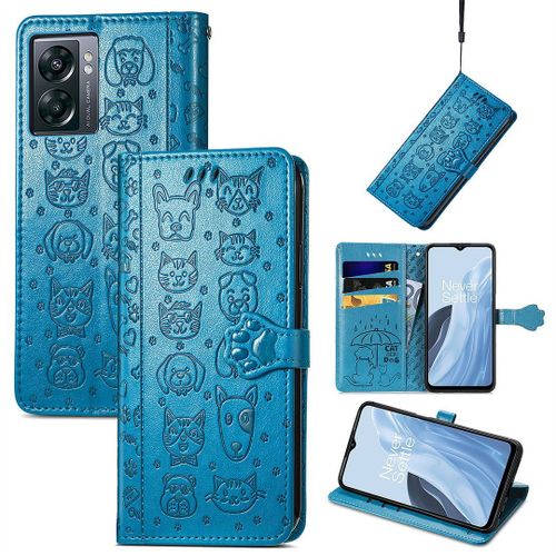 Saturcase Coque Pour Oneplus Nord N300, Chien Et Chat Mignon Pu Cuir Magnétique Flip Portefeuille Support Porte-Carte Protecteur Housse Étui Avec Dragonne Pour Oneplus Nord N300 (Bleu)
