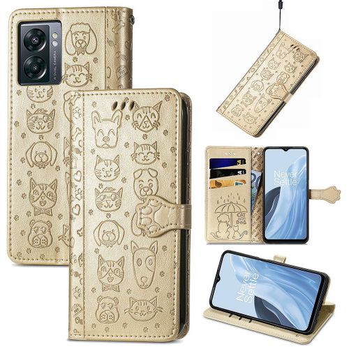 Saturcase Coque Pour Oneplus Nord N300, Chien Et Chat Mignon Pu Cuir Magnétique Flip Portefeuille Support Porte-Carte Protecteur Housse Étui Avec Dragonne Pour Oneplus Nord N300 (Or)