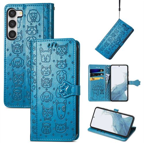 Saturcase Coque Pour Samsung Galaxy S23, Chien Et Chat Mignon Pu Cuir Magnétique Flip Portefeuille Support Porte-Carte Protecteur Housse Étui Avec Dragonne Pour Samsung Galaxy S23 (Bleu)