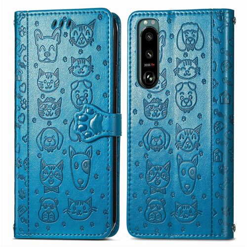 Saturcase Coque Pour Sony Xperia 5 Iv 2022, Chien Et Chat Mignon Pu Cuir Magnétique Flip Portefeuille Support Porte-Carte Protecteur Housse Étui Avec Dragonne Pour Sony Xperia 5 Iv 2022 (Bleu)