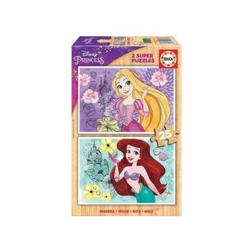 Pack Super puzzles 2 x 25 pieces Disney Princesses : Raiponce et Ariel - Puzzle en bois FSC - Enfant, Fille - Set Puzzle 4 ans + carte
