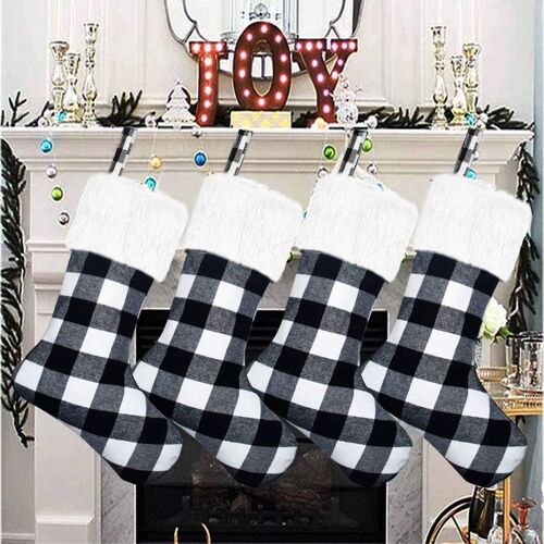 Paquet de 4 bas de Noël à carreaux Buffalo, 18 pouces, noir et blanc goodnice