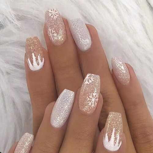 Appuyez Sur Les Ongles Blanc Flocon De Neige Cercueil Faux Ongles Weihnachten Goodnice 