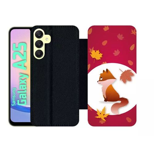 Etui À Rabat Pour Galaxy A25 - Renard Fond Rouge - Simili-Cuir - Noir
