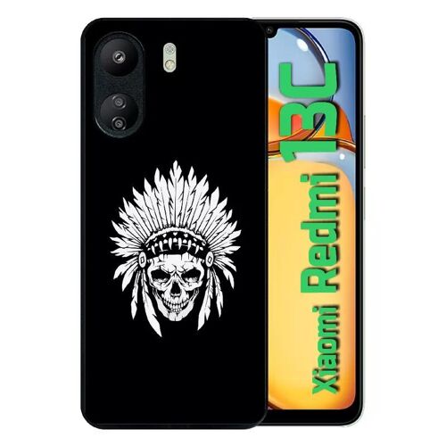 Coque Pour Redmi 13c 4g - Tete De Mort Coiffe Indienne Noir Et Blanc - Silicone - Noir