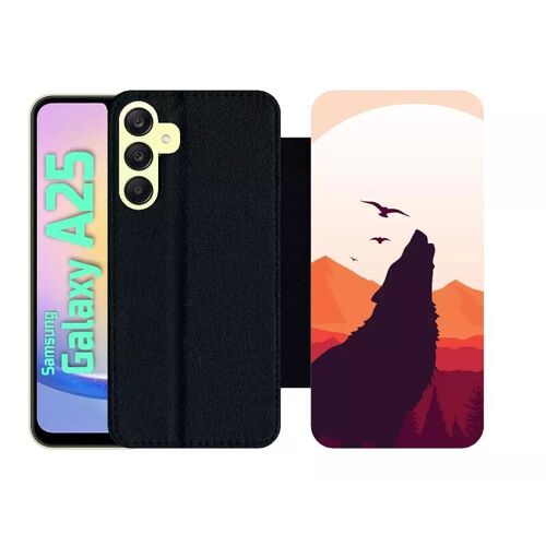 Etui À Rabat Pour Galaxy A25 - Loup La Pleine Lune - Simili-Cuir - Noir