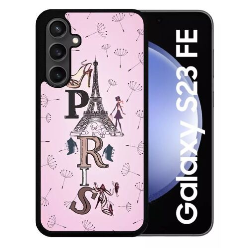 Coque Pour Galaxy S23 Fe - Paris Fond Rose Pale - Silicone - Noir