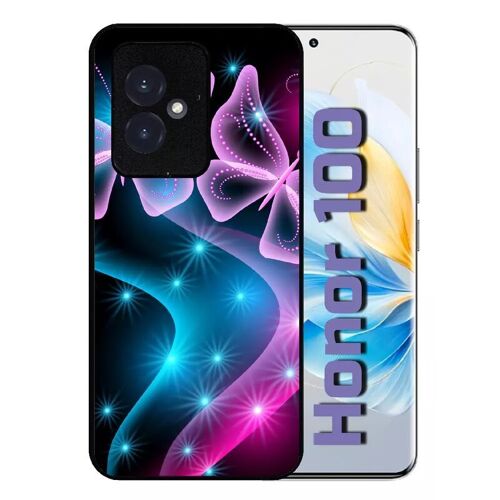 Coque Pour Honor 100 - Papillons Roses - Silicone - Noir