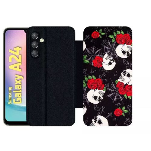 Etui À Rabat Pour Galaxy A24 - Tete De Mort Toile Rose Rock - Simili-Cuir - Noir