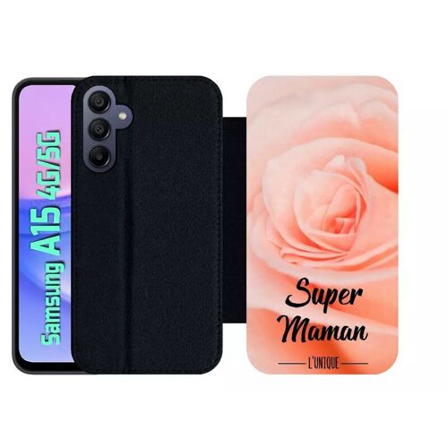 Etui À Rabat Pour Galaxy A15 4g/5g - Super Maman L Unique Fond Fleur Rose - Simili-Cuir - Noir