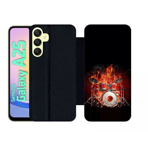 Etui À Rabat Pour Galaxy A25 - Squellette Joue A La Batterie Flamme - Simili-Cuir - Noir