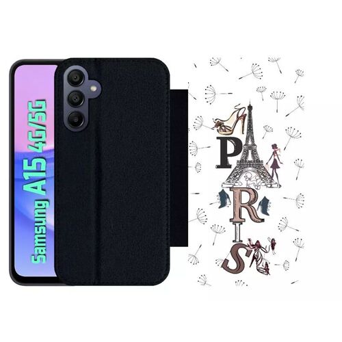 Etui À Rabat Pour Galaxy A15 4g/5g - Paris Fond Blanc - Simili-Cuir - Noir