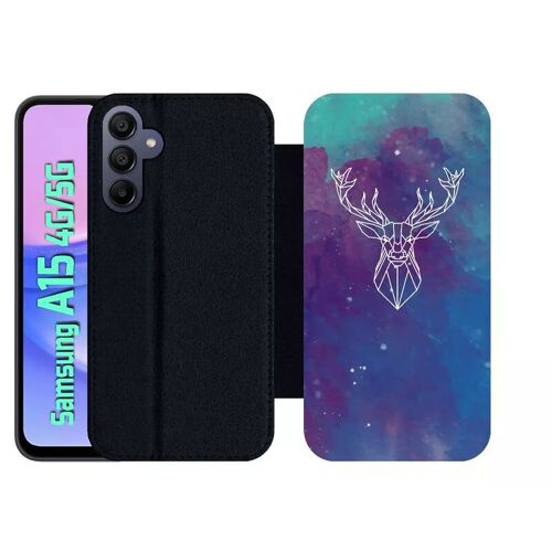 Etui À Rabat Pour Galaxy A15 4g/5g - Hyper Animals Space Cerf - Simili-Cuir - Noir