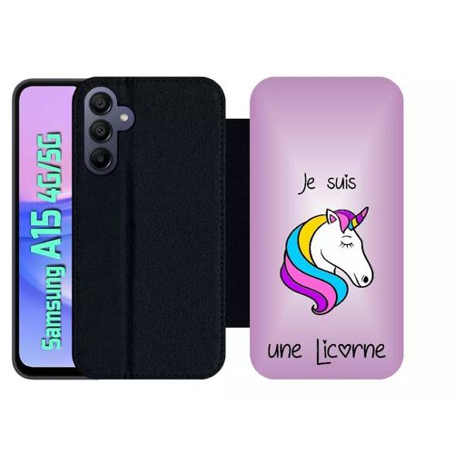Etui À Rabat Pour Galaxy A15 4g/5g - Je Suis Une Licorne Fond Violet - Simili-Cuir - Noir