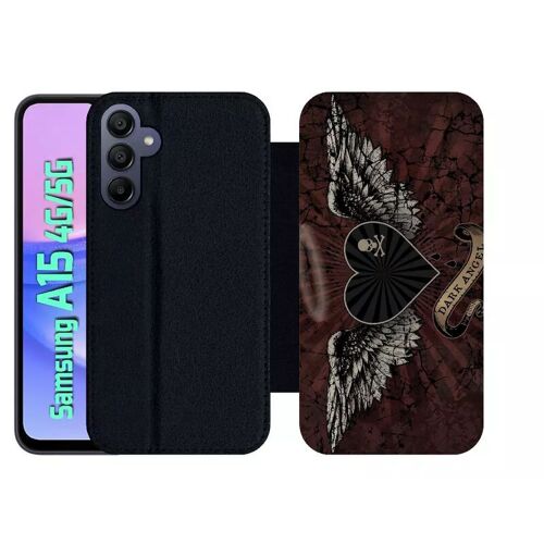 Etui À Rabat Pour Galaxy A15 4g/5g - Gothique Dark Angel Tetes De Mort - Simili-Cuir - Noir