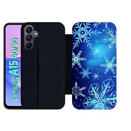 Etui À Rabat Pour Galaxy A15 4g/5g - Flocon De Neige Fond Bleu Nuit - Simili-Cuir - Noir