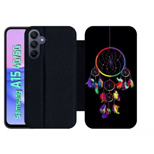 Etui À Rabat Pour Galaxy A15 4g/5g - Attrape Rve Arc En Ciel Fond Noir - Simili-Cuir - Noir