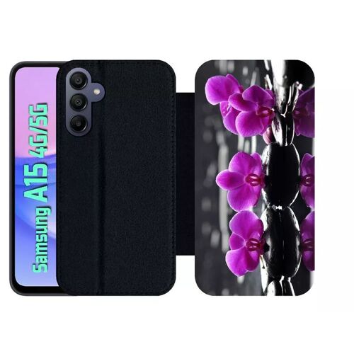 Etui À Rabat Pour Galaxy A15 4g/5g - Orchide Violette Fond Gris - Simili-Cuir - Noir
