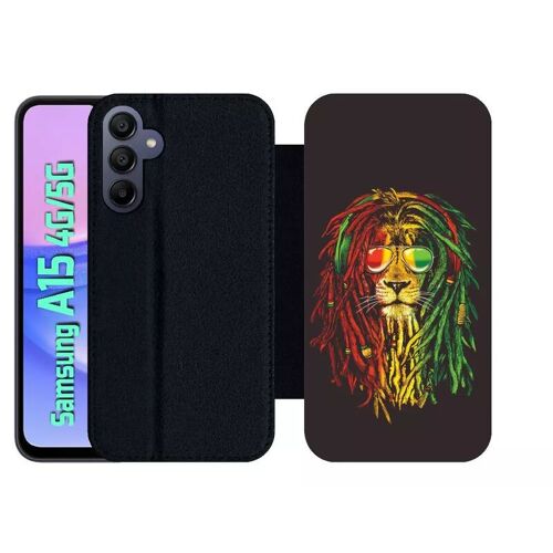 Etui À Rabat Pour Galaxy A15 4g/5g - Lion Rasta A Lunette - Simili-Cuir - Noir