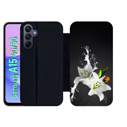 Etui À Rabat Pour Galaxy A15 4g/5g - Lys Blanc Coccinelle Sur Fond Gris - Simili-Cuir - Noir