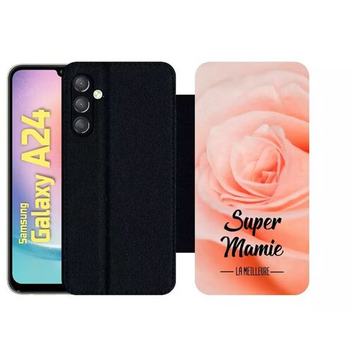 Etui À Rabat Pour Galaxy A24 - Super Mamie La Meilleure Fond De Roses - Simili-Cuir - Noir