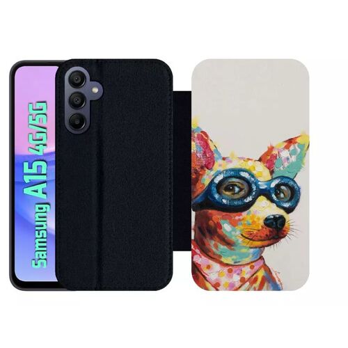 Etui À Rabat Pour Galaxy A15 4g/5g - Peinture Chihuahua À Lunette - Simili-Cuir - Noir