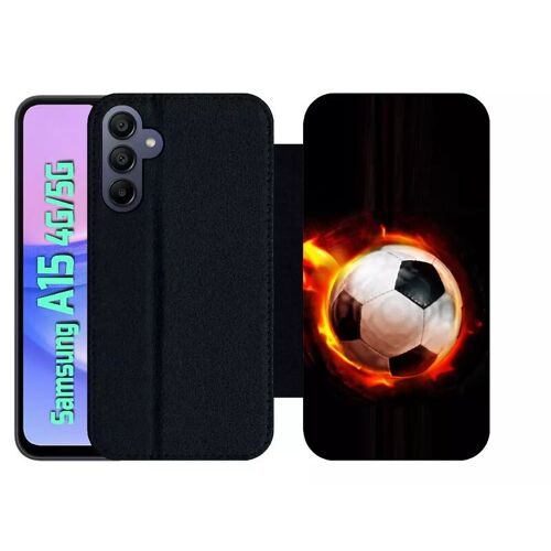 Etui À Rabat Pour Galaxy A15 4g/5g - Ballon De Foot En Feu - Simili-Cuir - Noir