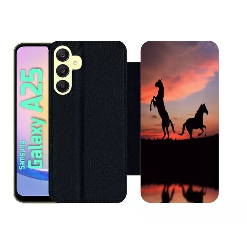 Etui À Rabat Pour Galaxy A25 - Chevaux Coucher De Soleil - Simili-Cuir - Noir