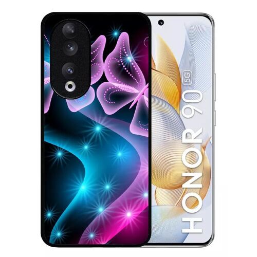 Coque Pour Honor 90 - Papillons Roses - Silicone - Noir