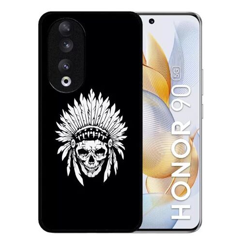 Coque Pour Honor 90 - Tete De Mort Coiffe Indienne Noir Et Blanc - Silicone - Noir