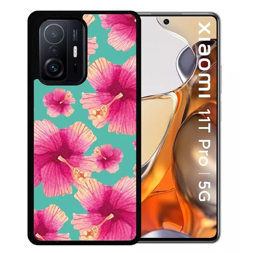 Coque Pour Xiaomi 11t Pro 5g - Hibiscus Fond Turquoise - Silicone - Noir
